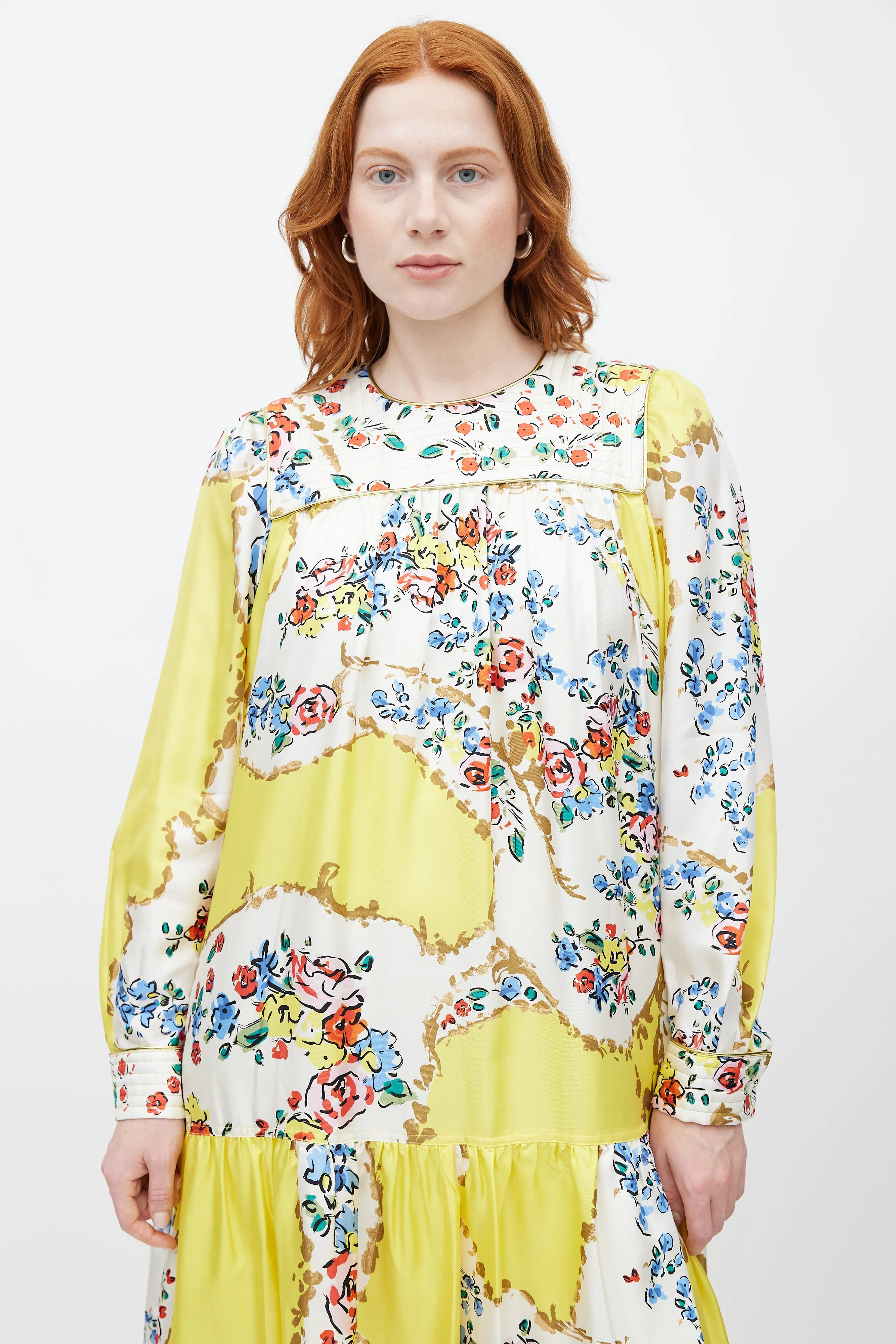 Yellow & Multicolour Floral Silk Dress